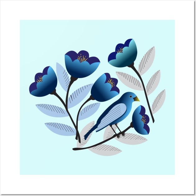 Blue bird amid the tulips Wall Art by Jennifer Ladd